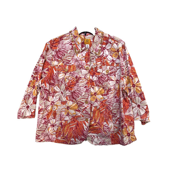 Ruby Rd Blazer Womens 24W Red Orange Floral Button Front Beaded Cotton Jacket - Picture 1 of 8